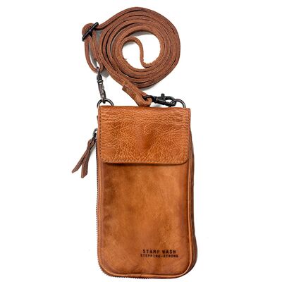Unisex Stamp mobile phone bag in camel-colored leather - Camel