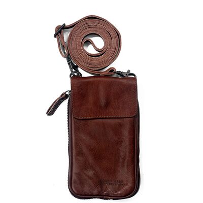 Unisex Stamp mobile phone bag in brown leather - Marron