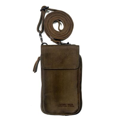 Unisex Stamp mobile phone bag in green - khaki leather