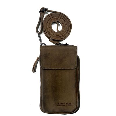 Unisex Stamp mobile phone bag in green - khaki leather