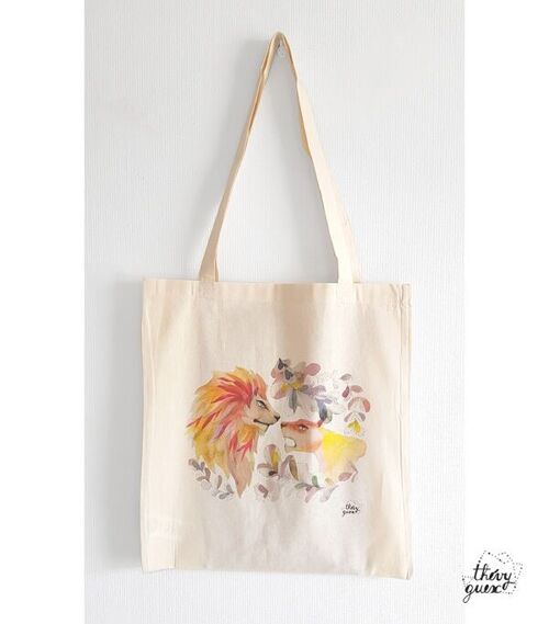 Tote bag unisexe couple lions feuillage tropical aquarelle