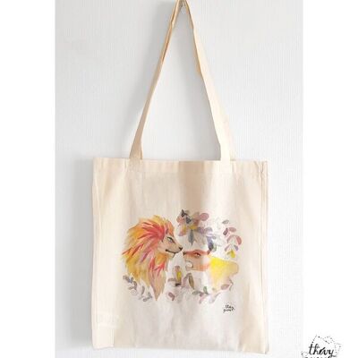 Unisex tote bag couple lions tropical foliage watercolor