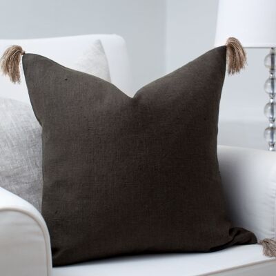 Charcoal linen pillow cover with tassels - 50x50cm (20x20 inches)