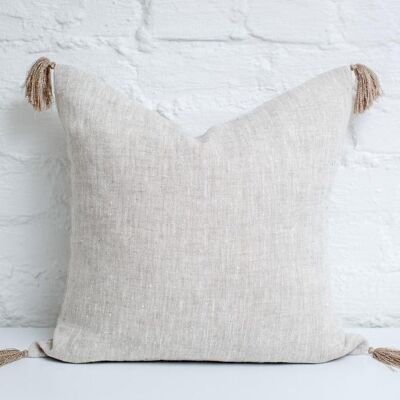 Light natural linen pillow cover with tassels - 50x50cm (20x20 inches)