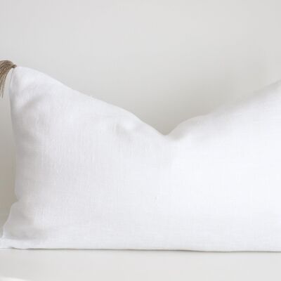 White linen pillow cover with tassels - 30x50cm (12x20 inches)