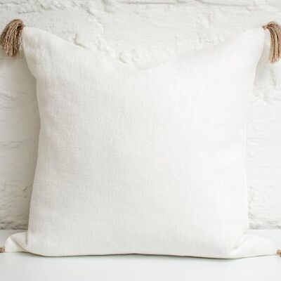 White linen pillow cover with tassels - 50x50cm (20x20 inches)