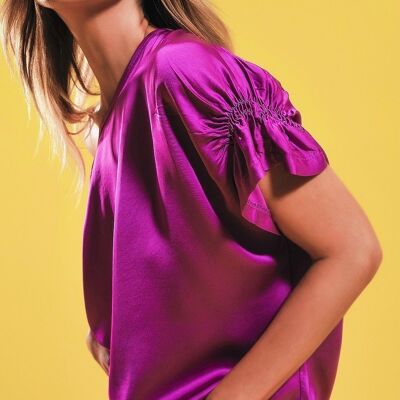 Blouse with gather short sleeves in fuchsia