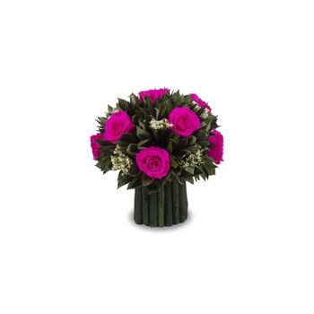 Bouquet de fleurs stabilisées - Feuilles de velours vert et roses Hot Pink 1