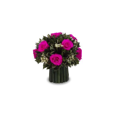 Ramo de flores preservadas - Hojas de terciopelo verde y rosas Hot Pink