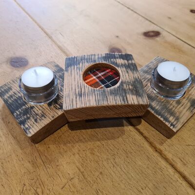 Trio of whisky barrel wooden stave tealight holders tartan inlay