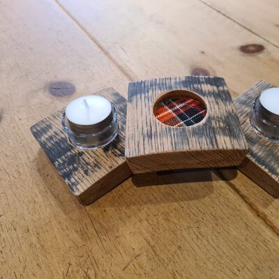 Trio of whisky barrel wooden stave tealight holders tartan inlay