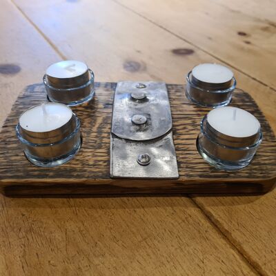 Whisky barrel wooden stave tealight with four tealights and blue tartan inlay