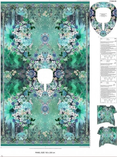Panel Kaftan Blumen Türkis, Digitaldruck, Baumwolle