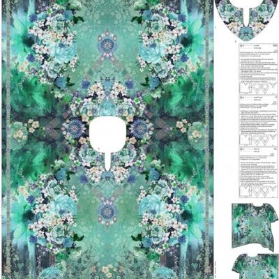 Panneau caftan fleurs turquoise, impression numérique, coton