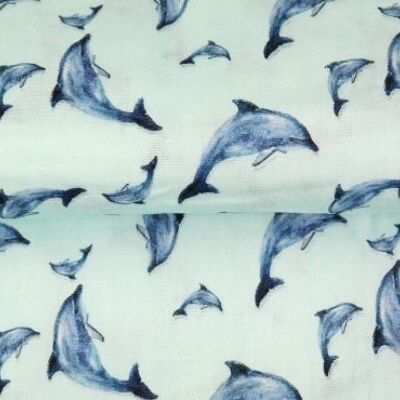 Hydrofile, muslin all over print, dolphins, mint blue