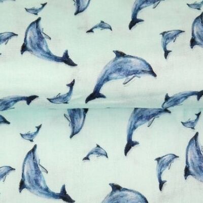 Hydrofile, muslin all over print, dolphins, mint blue