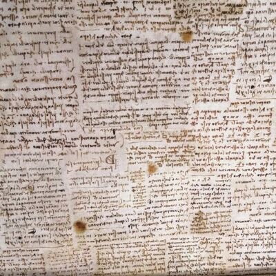 Leonardo Da Vinci, script, patchwork, woven fabric