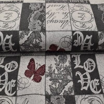 Decorative fabric Gobelin check butterfly gray burgundy, woven fabric, canvas