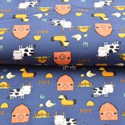 Cotton jersey print farm blue colorful, farm animals, animals, RA