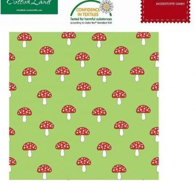 Toadstool on green, woven fabric, cotton