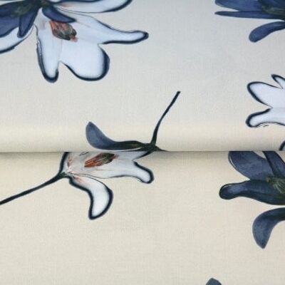 Large blue flowers on natural white, digital print jersey