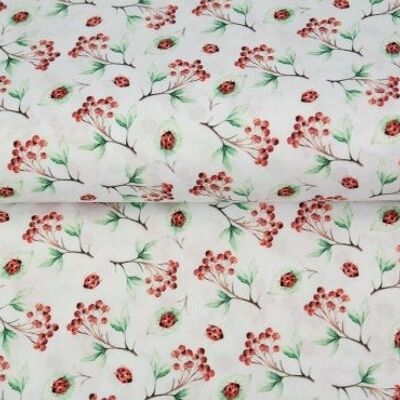 Twigs with berries and ladybugs on white, poplin, cotton