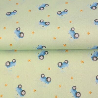 Blue tractors and yellow stars on light green, poplin, cotton