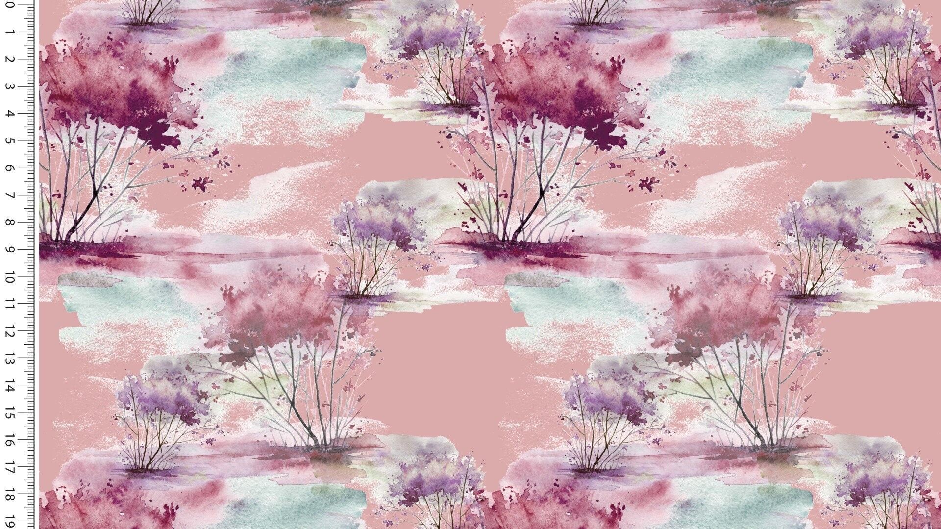 Stampa digitale viscosa, alberi, acquerello, magenta