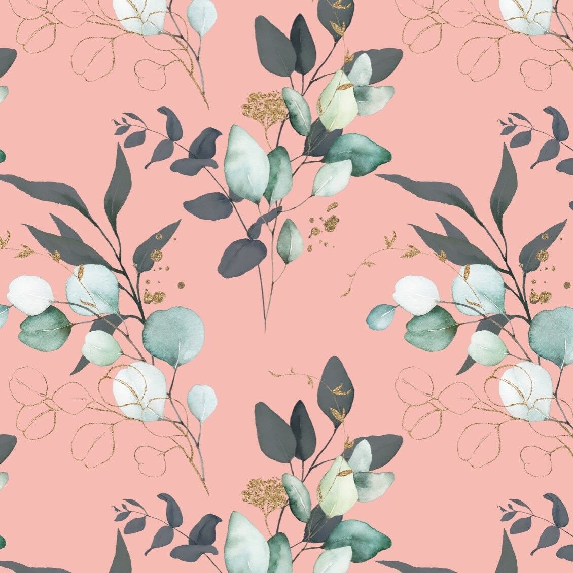 Jersey de algodón estampado -Eucalipto - salmón y dorado- Colección Premium, RA