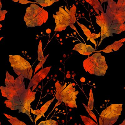 French Terry Print - Fall Leaves, Black, Orange, RA