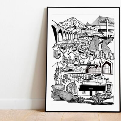 Schottland Wahrzeichen Skyline Illustrationsdruck – A4 21 cm x 29,7 cm