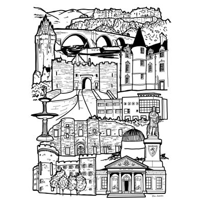 Stirling Landmark Skyline Illustration Print - Stampa con cornice A4