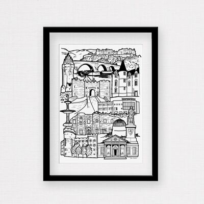Stirling Landmark Skyline Illustrazione Stampa - Stampa con cornice A3