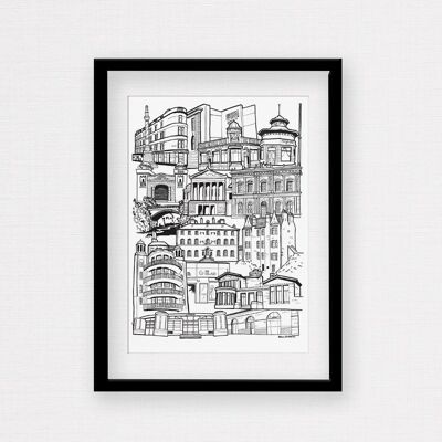 Stampa dell'illustrazione dello skyline di Glasgow Southside Landmark - Stampa con cornice A4