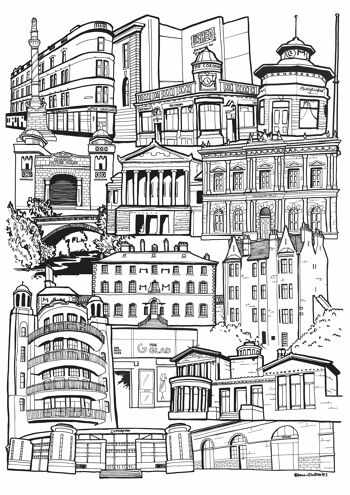 Glasgow Southside Landmark Skyline Illustration Print - Impression encadrée A4 2