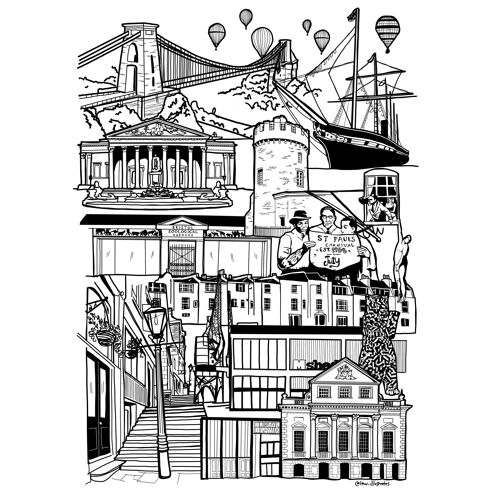Bristol Landmark Skyline Illustration Print - A3 29.7 x 42