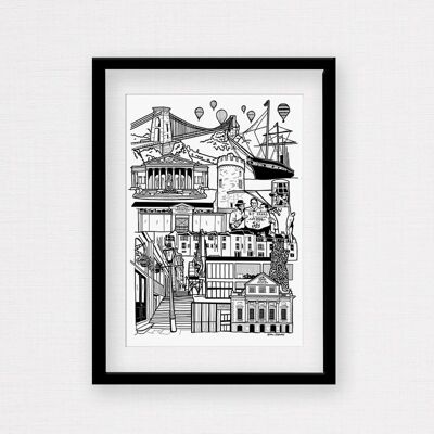 Bristol Landmark Skyline Illustration Print - A4 Framed print