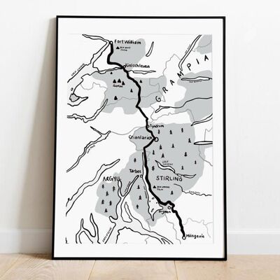 Stampa dell'illustrazione della mappa di West Highland Way - Stampa con cornice A3