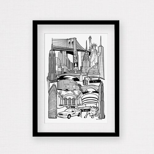 New York Landmark Skyline Illustration Print - A4 Framed Print