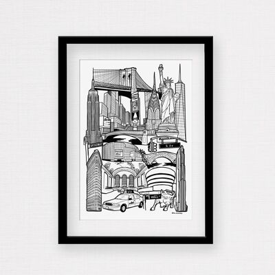 New York Landmark Skyline Illustration Print - Impression encadrée A4