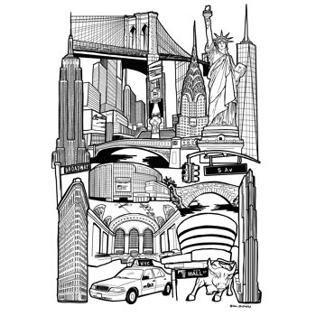 New York Landmark Skyline Illustration Print - Impression encadrée A3 2