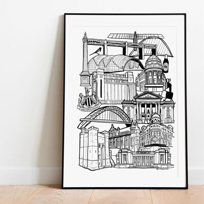 Newcastle Upon Tyne Landmark Skyline Illustration Print - A4 21 x 29,7