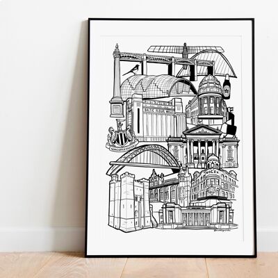 Newcastle Upon Tyne Landmark Skyline Illustration Print - A3 29,7 x 42