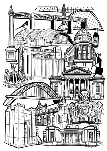 Newcastle Upon Tyne Landmark Skyline Illustration Print - A3 29,7 x 42 2