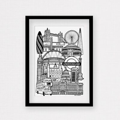 London Landmark Skyline Illustration Print - Stampa con cornice A4