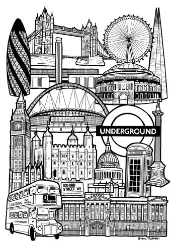 London Landmark Skyline Illustration Print - Impression encadrée A3 3
