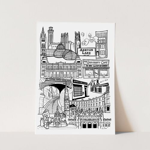 Glasgow West End Landmark Skyline Illustration Print - A4 21 x 29.7