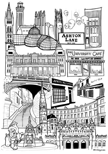 Glasgow West End Landmark Skyline Illustration Print - A4 21 x 29,7 2