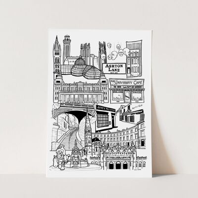 Stampa dell'illustrazione dello skyline di Glasgow West End Landmark - A1 59,4 x 84,1