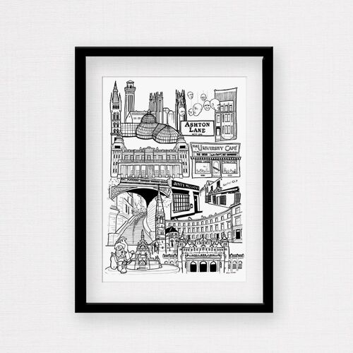 Glasgow West End Landmark Skyline Illustration Print - A4 Framed Print